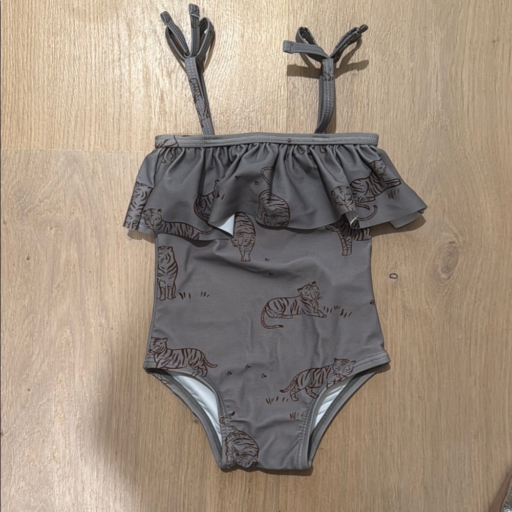 Gray Tiger Print Ruffle Swimsuit